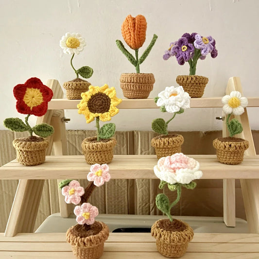 Mini Handmade Crochet Flowers – Sunflower & Rose Potted Plants for Home Decor!