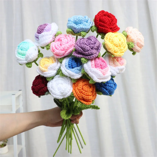 Hand-Knitted Crochet Rose Bouquet – Finished Simulation Flower for Home & Wedding Decor