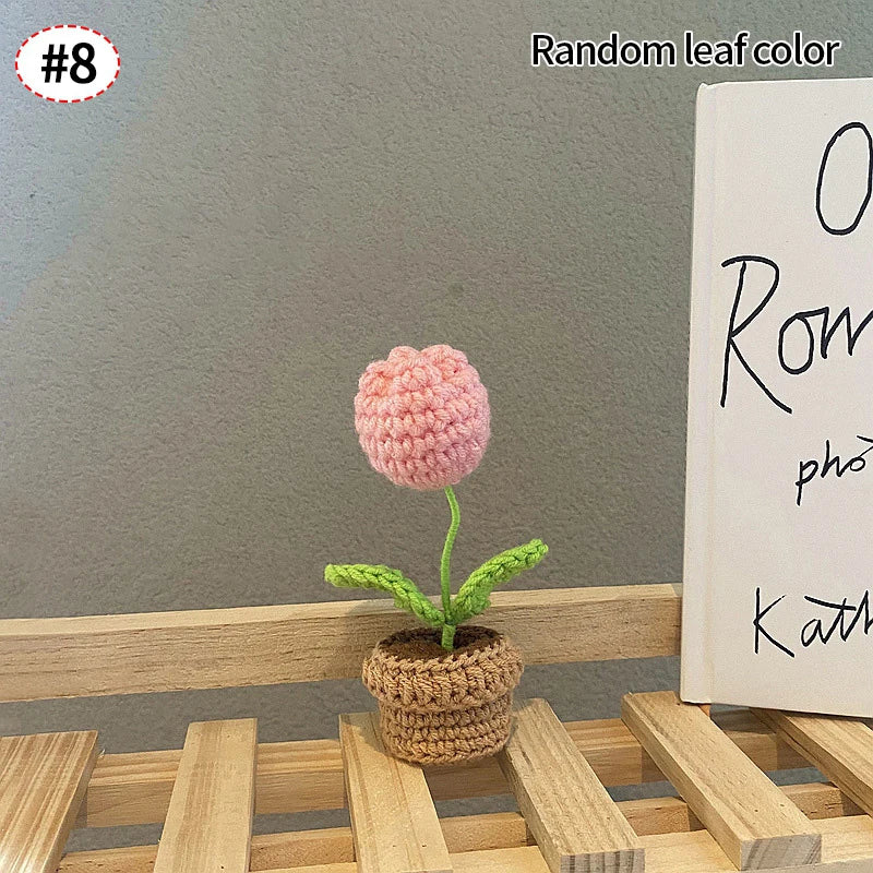 Sunflower & Tulip Crochet Flowers – Handmade Mini Potted Plants for Mother’s Day Gifts & Home Decor