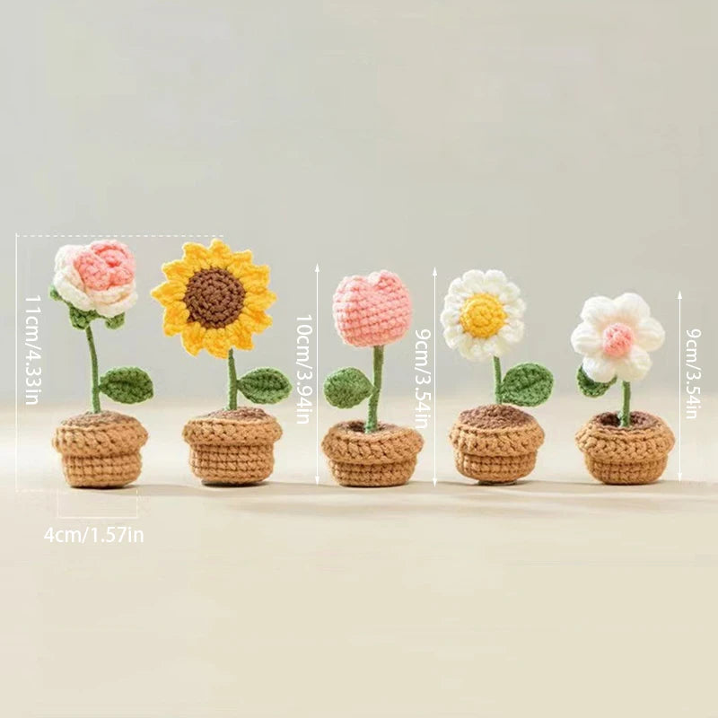 Mini Handmade Crochet Flowers – Sunflower & Rose Potted Plants for Home Decor!