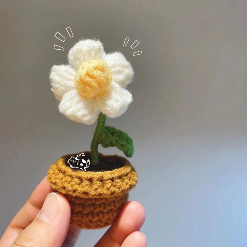 Mini Handmade Crochet Flowers – Sunflower & Rose Potted Plants for Home Decor!